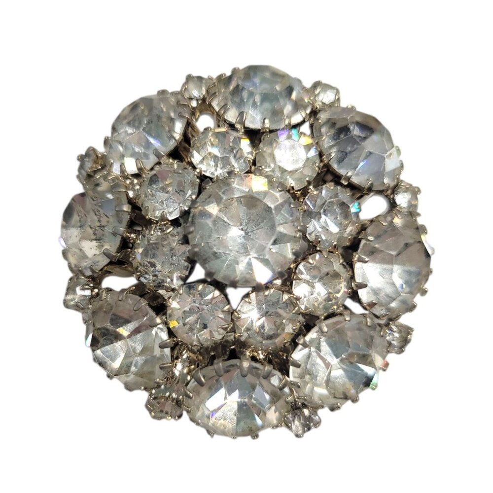 Vintage Domed Rhinestone Brooch Pin Silver Tone Mid-Century Jewelry Statement